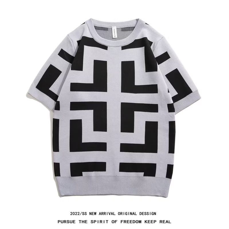 Nueva Camiseta de manga corta de seda de hielo a rayas casual ropa superior de los hombres delgados simples suéter de moda