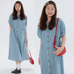 2024 Summer New Style Striped Shirt Dress Thin Large Size Slimming Internet Popular Pregnant Women's Dress