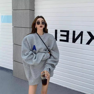 European and American Style Sweat Women's Autumn and Winter New Loose BF Lazy Style Design Sense Mid-length fleece-lined Warm Trendy