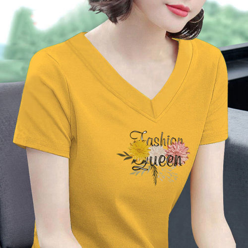 Wholesale Mom White T-Shirt for Women Short Sleeve Loose V-Neck 2025 Summer Top with Chicken Collar Thin T-Shirt