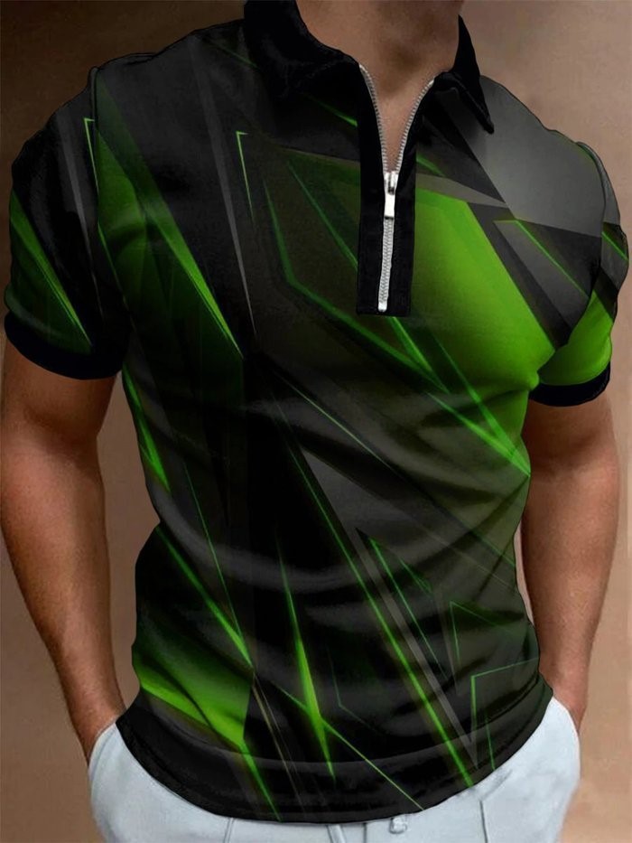 Deportes de verano para hombres, solapa suelta transpirable, cremallera de manga corta, chaqueta de polo, camisa POLO de todo fósforo, impresión 3D de moda