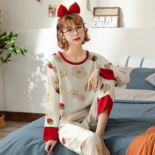 长袖棉绸睡衣套装女士韩版可爱卡通大码宽松镶色人造棉外穿家居服