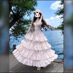 法式清新甜美蕾丝碎花长裙夏季新款淑女收腰小飞袖气质蛋糕连衣裙