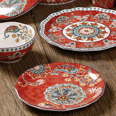Creative Asymmetrical Pasta and Steak Plate with Underglaze Red Color for American Western Style, Ideal for Breakfast or Home Use