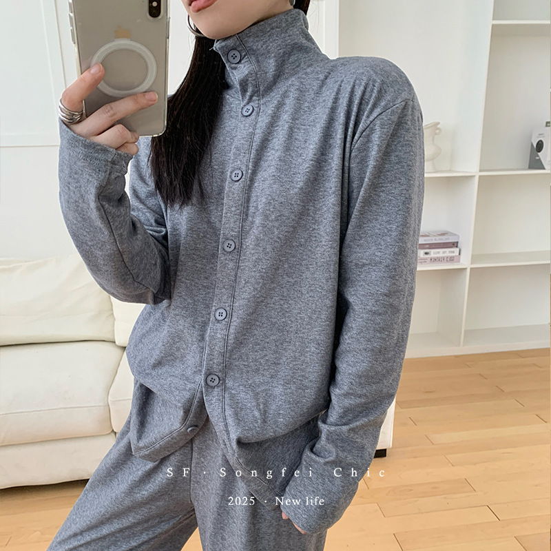 3729高领纽扣开衫睡衣女士秋冬长袖立领家居服莱赛尔可外穿两件套|undefined
