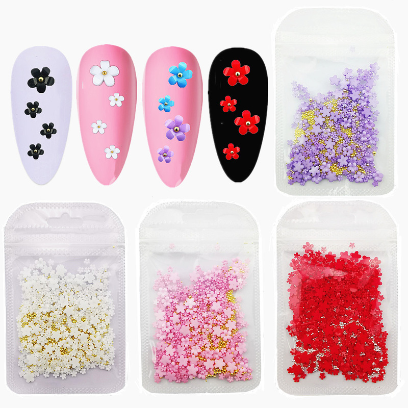 12 color bag 200 nail resin flower small white flower pink acrylic flower jewelry with steel ball five petal flower