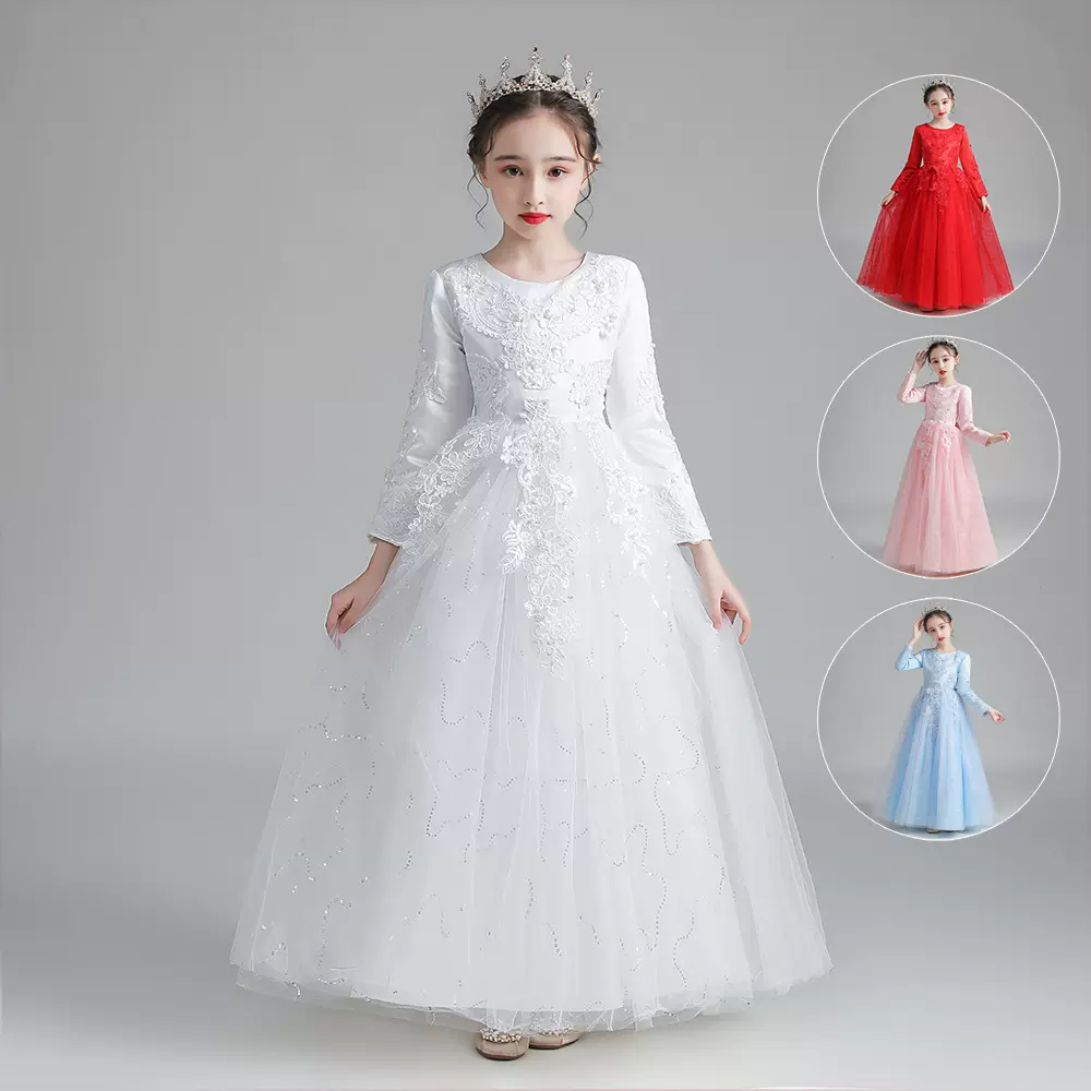 女童公主裙蓬蓬纱长裙2023新款秋冬款儿童礼服花童婚纱表演服加厚