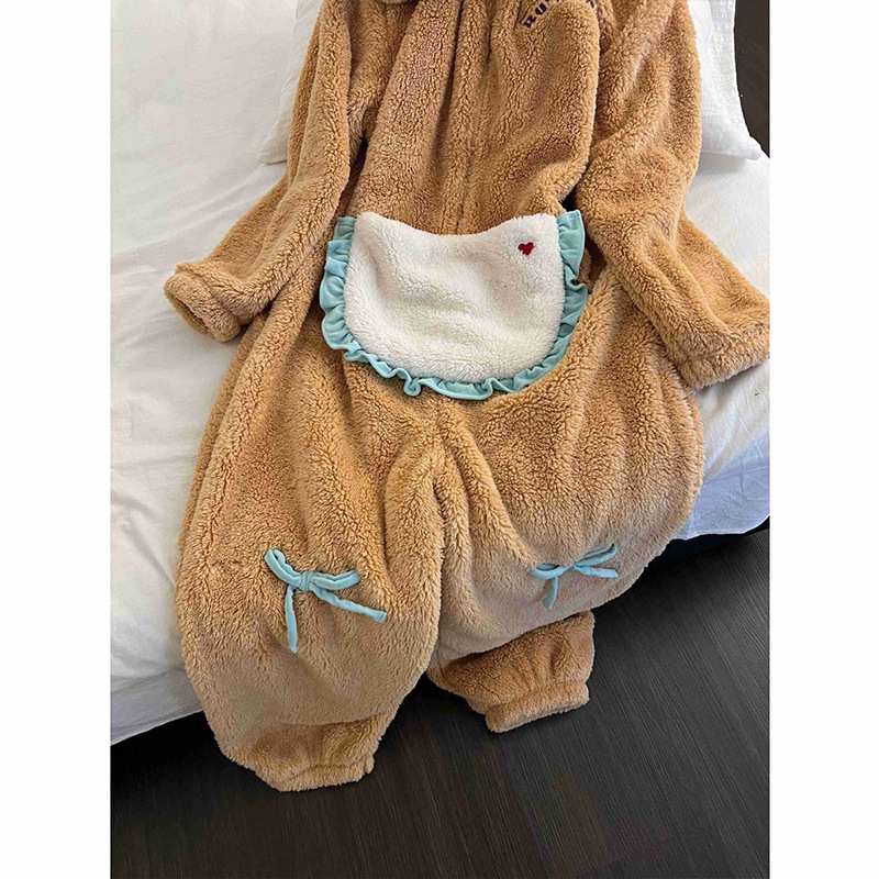 可爱卡通保暖袋鼠兜珊瑚绒睡袍女秋冬新款加厚宽松家居服套装外穿|undefined