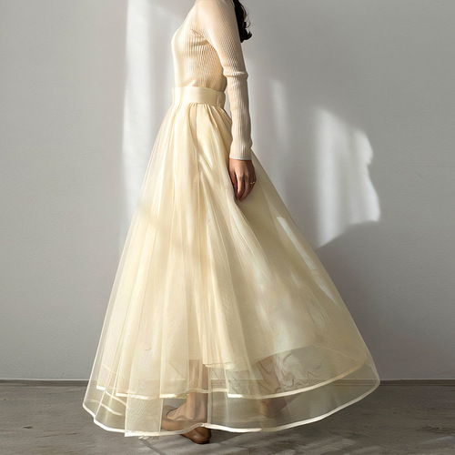 Spring and summer Korean-style slimming skirt: sweet, flowy maxi skirt with a voluminous tulle hem—double-sided, high-density mesh A-line design for women