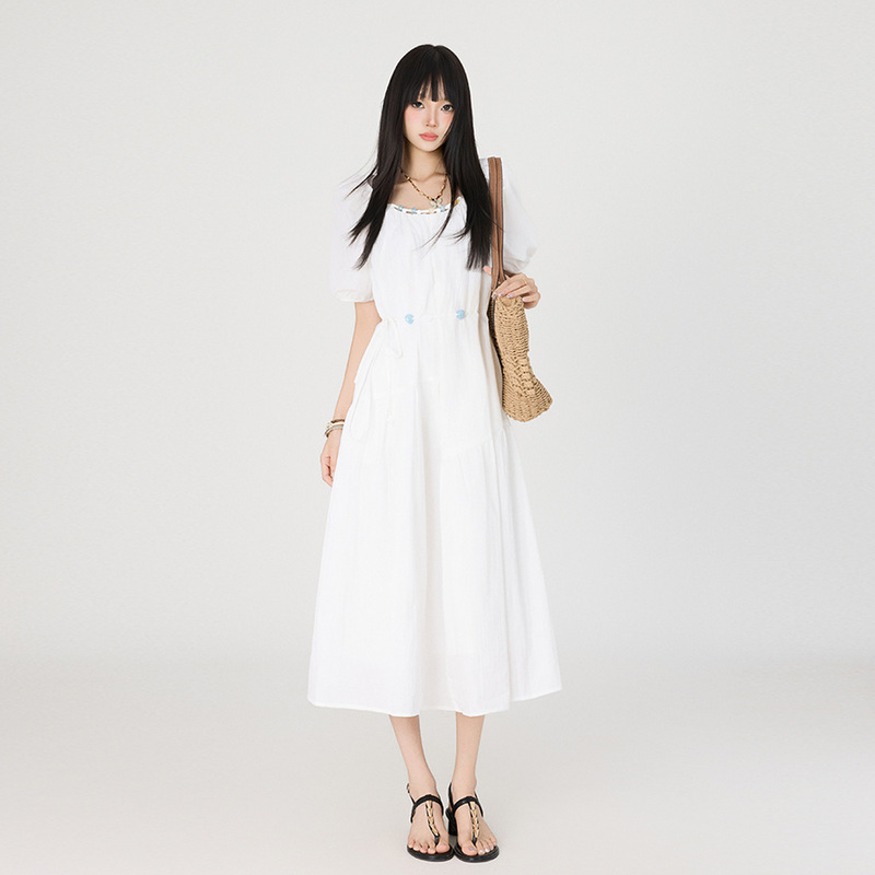Sweet Age-Reducing French Literary Bubble Short-Sleeved Beaded Women's Summer Temperament Waist Dress Gentle Style Long Skirt