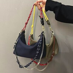 防水キャンバスレトロランチボックスバッグコントラストカラーサーフロープチェーンハンドバッグレザー脇の下バッグシングルショルダークロスボディバッグ