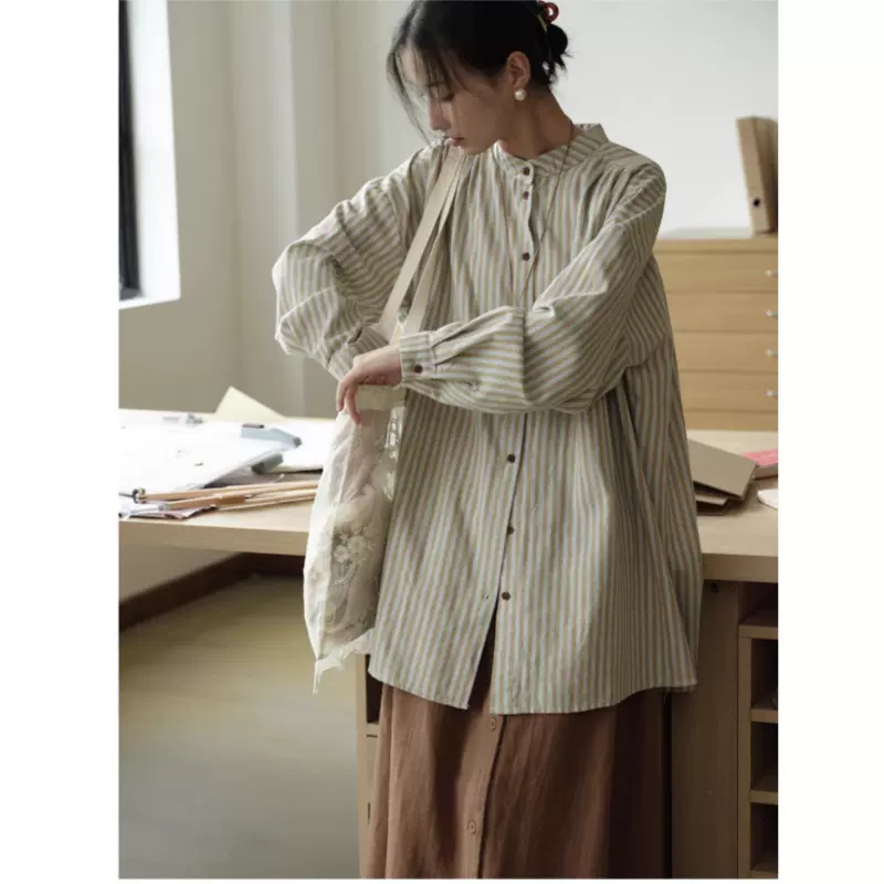 2025秋季新款文艺宽松大码女装条纹长袖衬衫设计感显瘦衬衣上衣