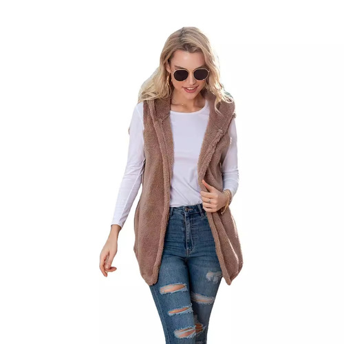 Amazon eBay 2025 Autumn/Winter New Bestselling Long-Length European and American Solid Color Hooded Vest Plush Jacket Women's