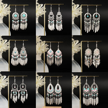 跨境民族风仿苗银耳环彩色羽毛长款流苏耳坠松石耳饰热卖现货批发