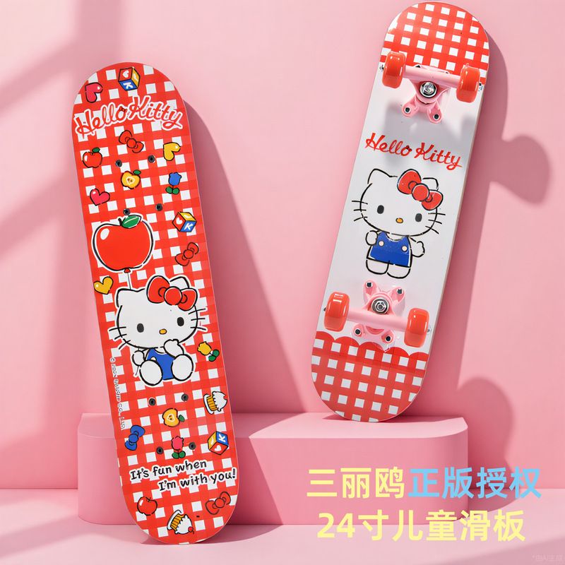 Sanrio Genuine Children's Skateboard for Beginners Aged 6 to 12, Cute Double Kickboard Four-Wheel Scooter for Teenagers