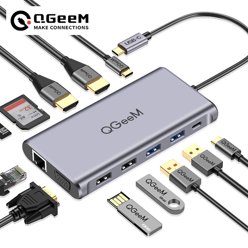 12-in -1Type-C docking station multifunctional USB3.0 Hub supports three-band 4K HDMI + VGA network cable