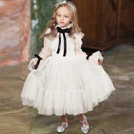 女童网纱公主裙法式长袖白色蓬蓬纱裙小女孩跨境主持人钢琴礼服裙