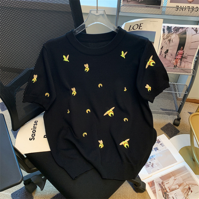 夏のヘビーウェイト刺繍アイスシルク半袖Tシャツレディースセーターラウンドネックファッショナブルなルーズスリミングデザイントップトレンディ|undefined