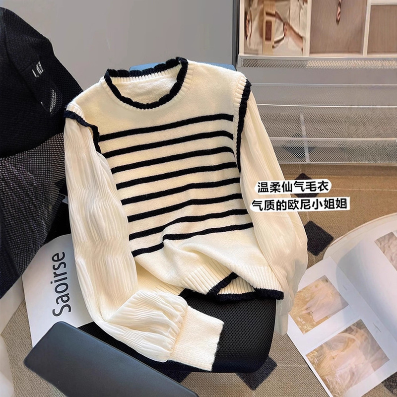 French-Style Patchwork Striped Faux Two-Piece Knit Sweater for Women, Spring and Autumn, Age-Reducing, Stylish and Pretty Sweater with Sweet Puff Sleeves