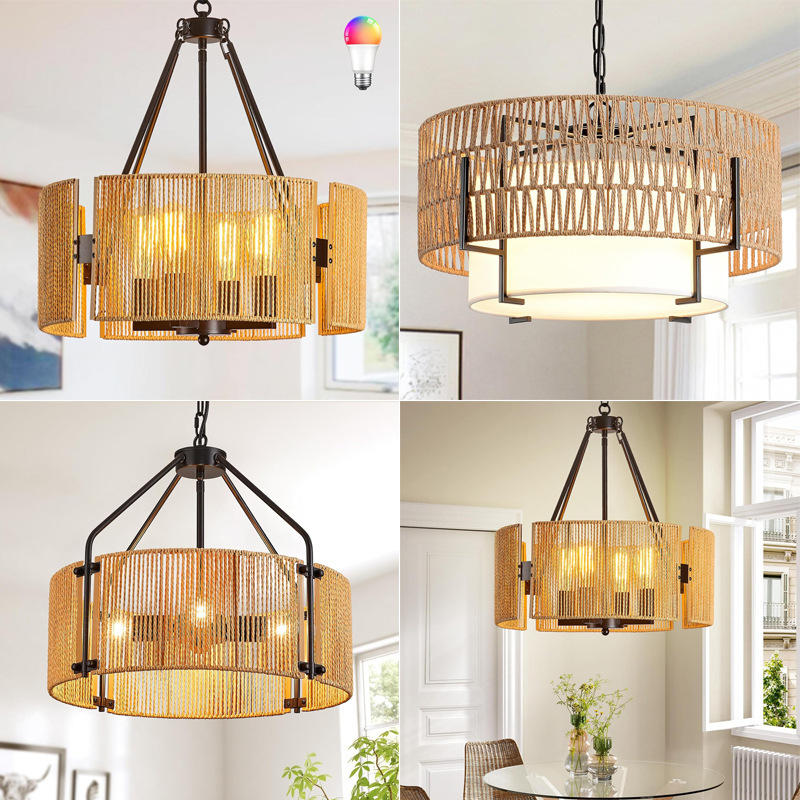Bohemian Rattan Woven Chandelier Modern Minimalist Living Room Bedroom Lamp American Farmhouse Bar Restaurant Lamps
