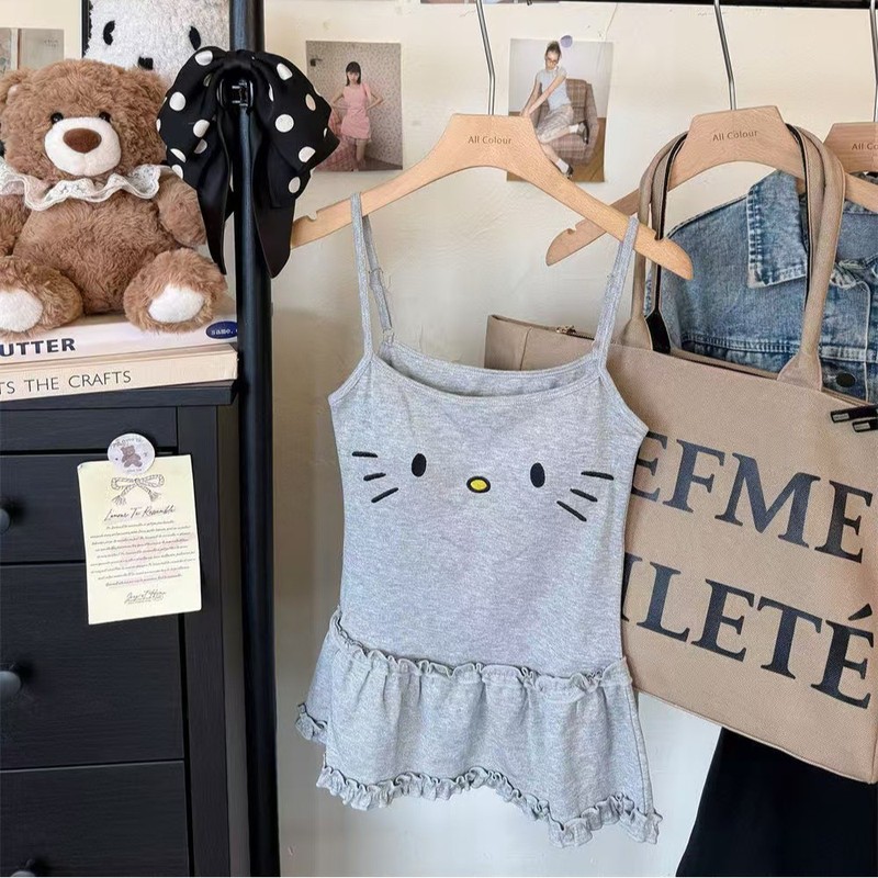 可爱猫咪刺绣吊带背心女夏季荷叶边修身内搭设计感无袖外穿上衣潮|undefined