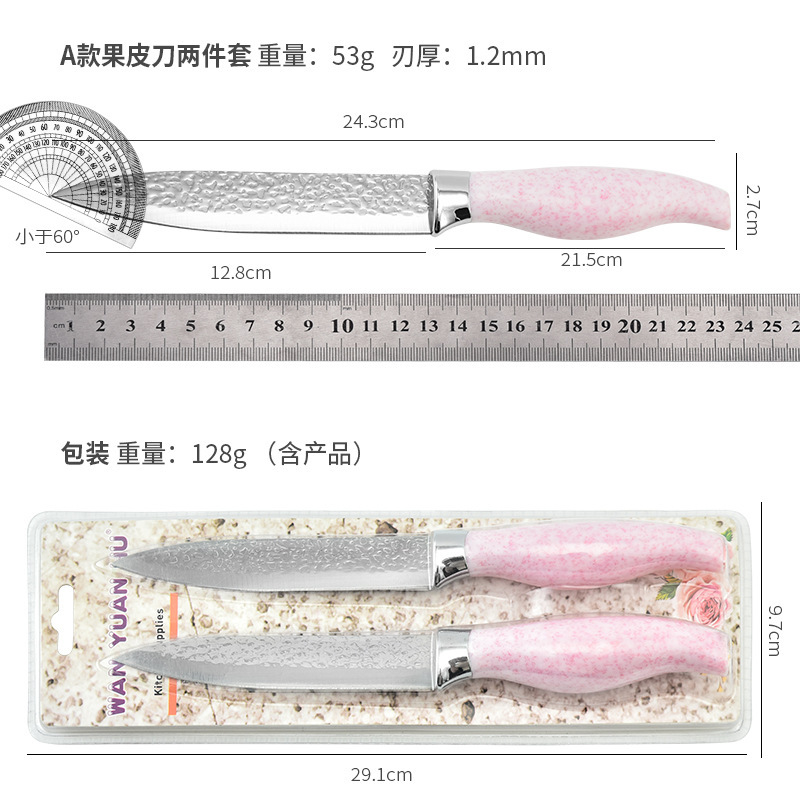 Fábrica al por mayor forja espejo ligero multiusos cuchillo de fruta de dos piezas mango de plástico de color cuchillo de pelar tarjeta de succión embalaje
