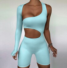 工厂直批春季新款欧美货源性感缕空纯色单袖运动露腰连体裤