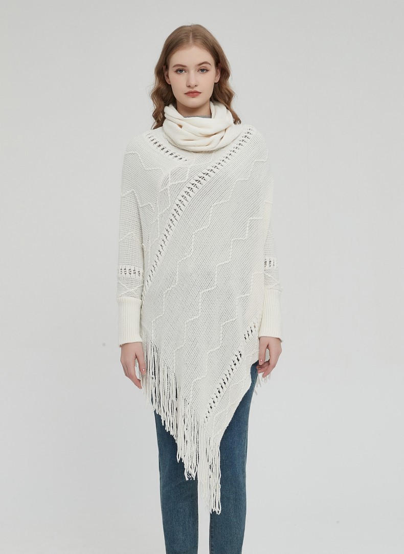 Unisex Coat beige white hollow collar long sleeves tassel cape cape_voghion.com