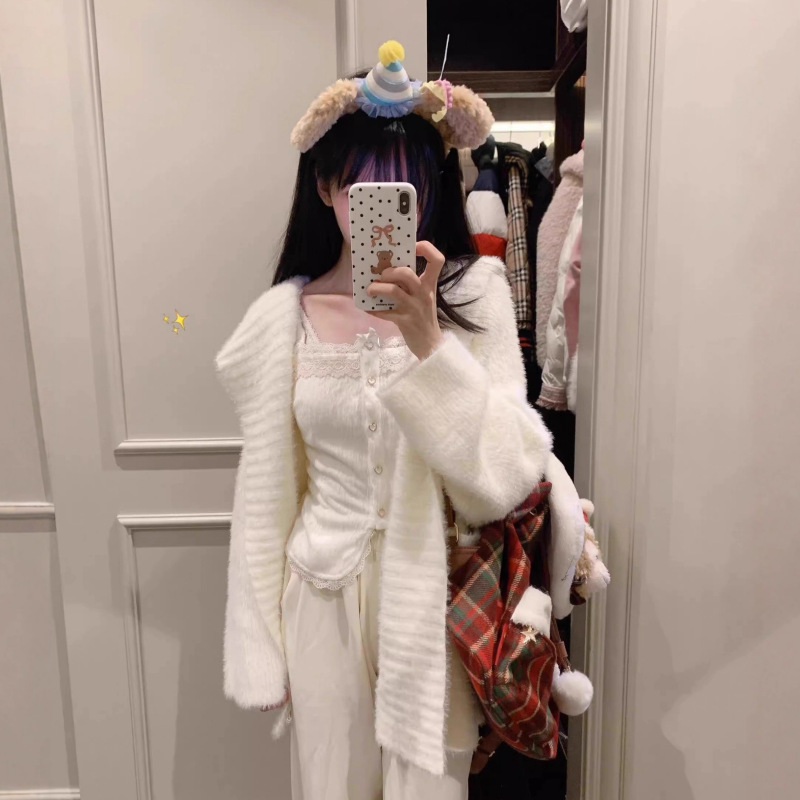 韩版慵懒风奶白色仿水貂毛衣女秋冬新款软糯宽松连帽针织衫外套潮|undefined