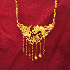 金店同新款式镀黄金项链女仿黄金爱心吊坠套装婚纱龙凤袍配饰婚庆