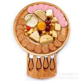 圆形竹制奶酪砧板可开合披萨点心水果展示托盘多用途面包饼干餐盘