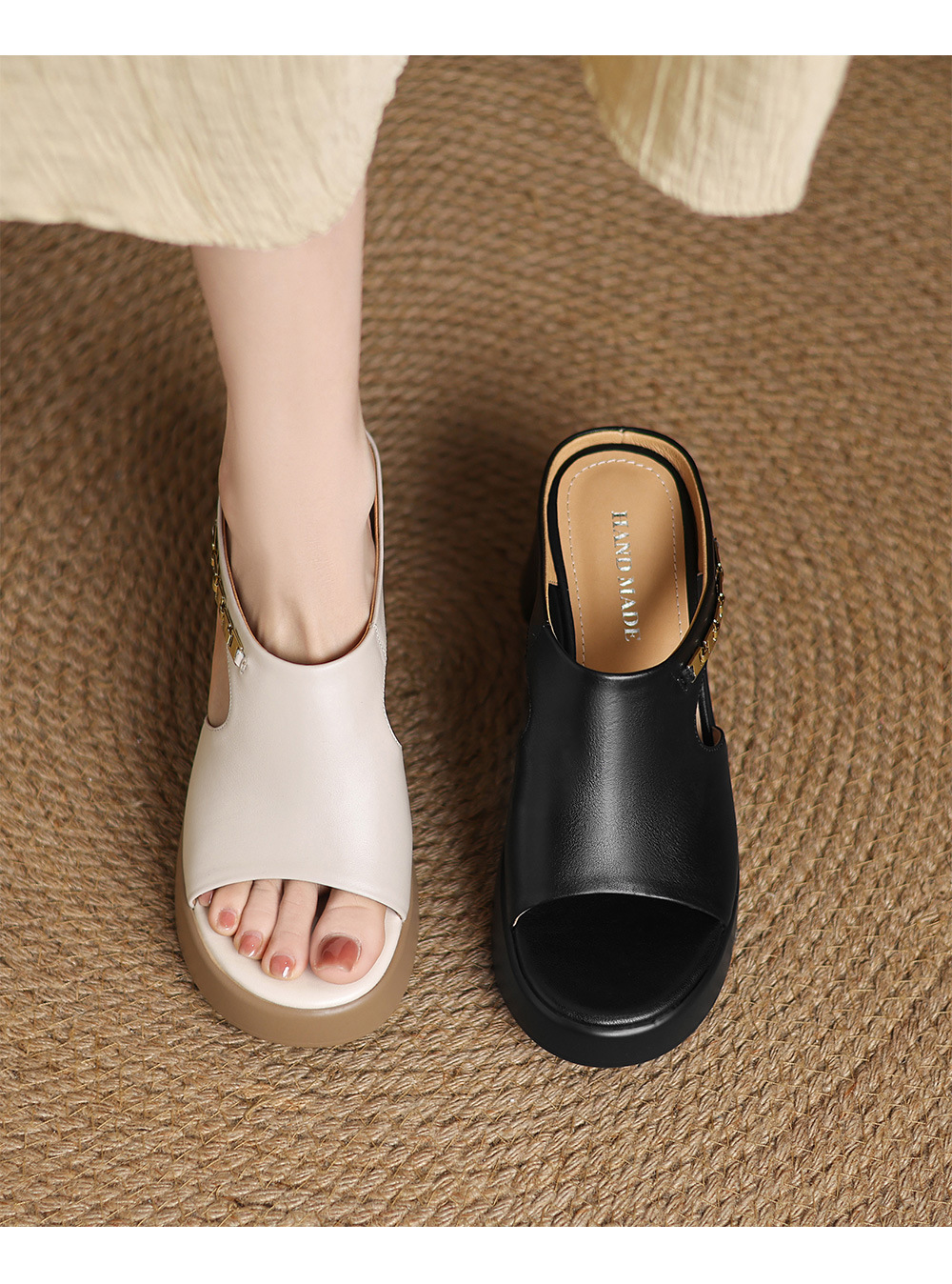 Dép sandal quai ngang nữ đế xuồng da bò mũi vuông hở mũi gót dày — đen chi tiết 6
