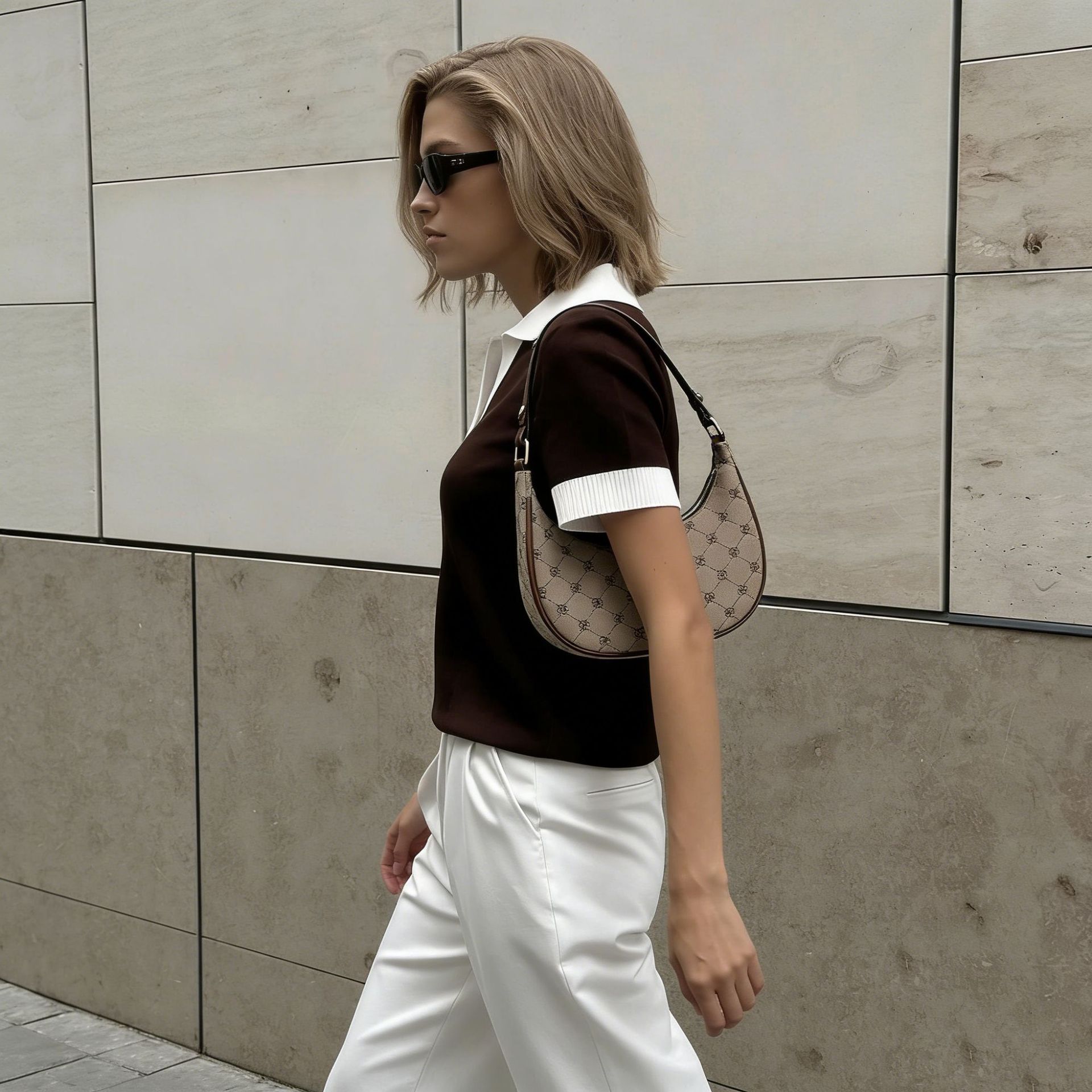 Women's Knitted Cropped Top Color Block Lapel Short-Sleeved Summer Elegant Commuter_voghion.com