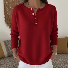 毛织纽扣V领女式毛衣秋冬纯色2025跨境欧美休闲时尚女装新款热卖