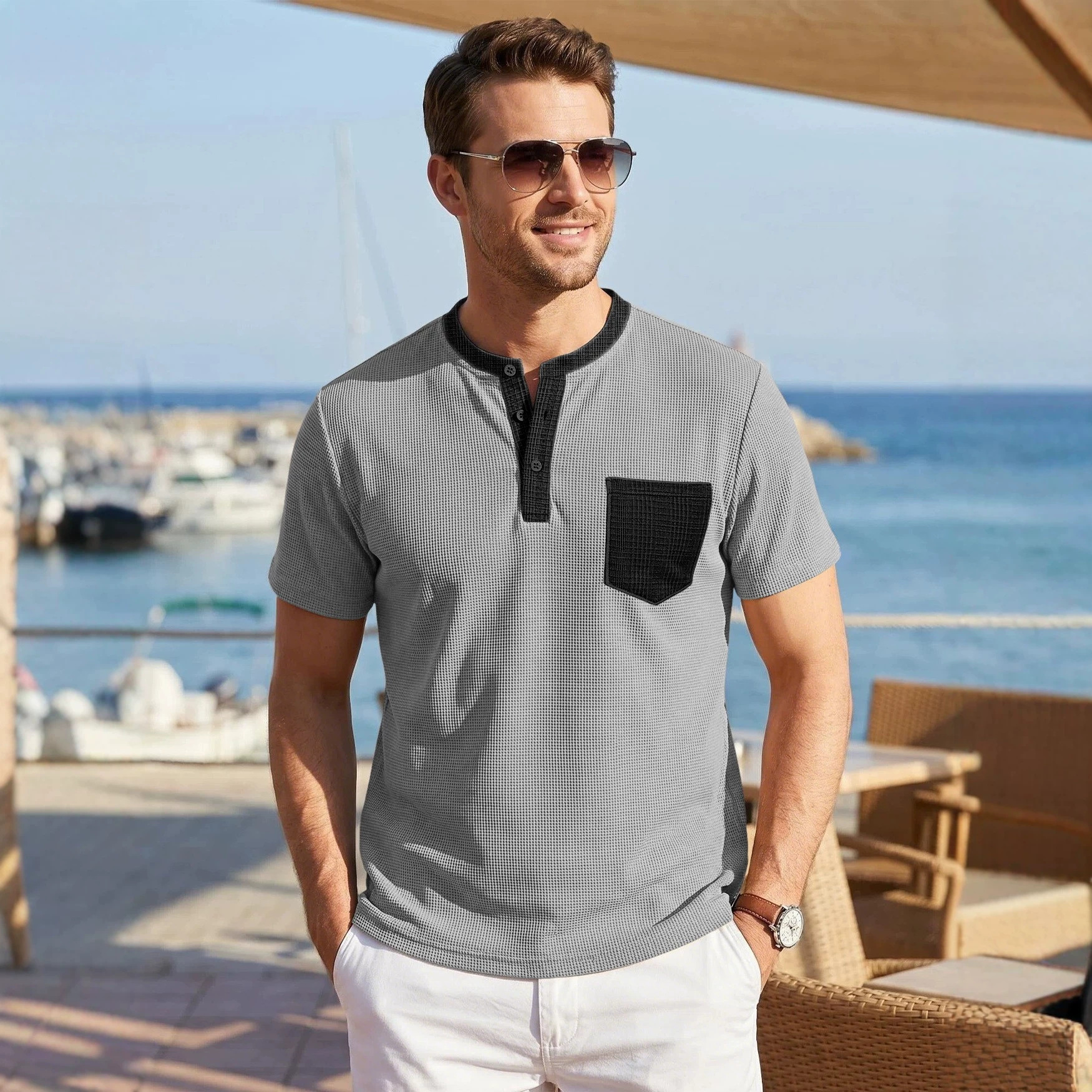 Cross-border Hyun hombre Waffle Henry cuello camiseta bolsillo de contraste Casual blusa larga de comercio exterior mangas cortas