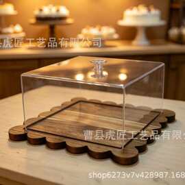 跨境木制托盘带透明盖子花边甜品展示托盘切菜板家用创意实木甜品