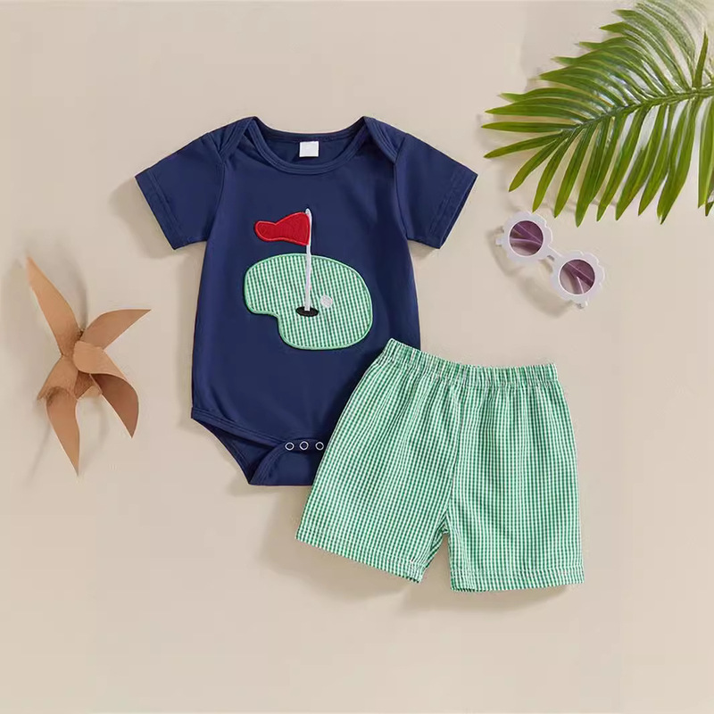 Cross-border Explosions Male Newborn Summer Sports Golf Embroidered Short-sleeved Hassel Plaid Shorts Two-piece Set