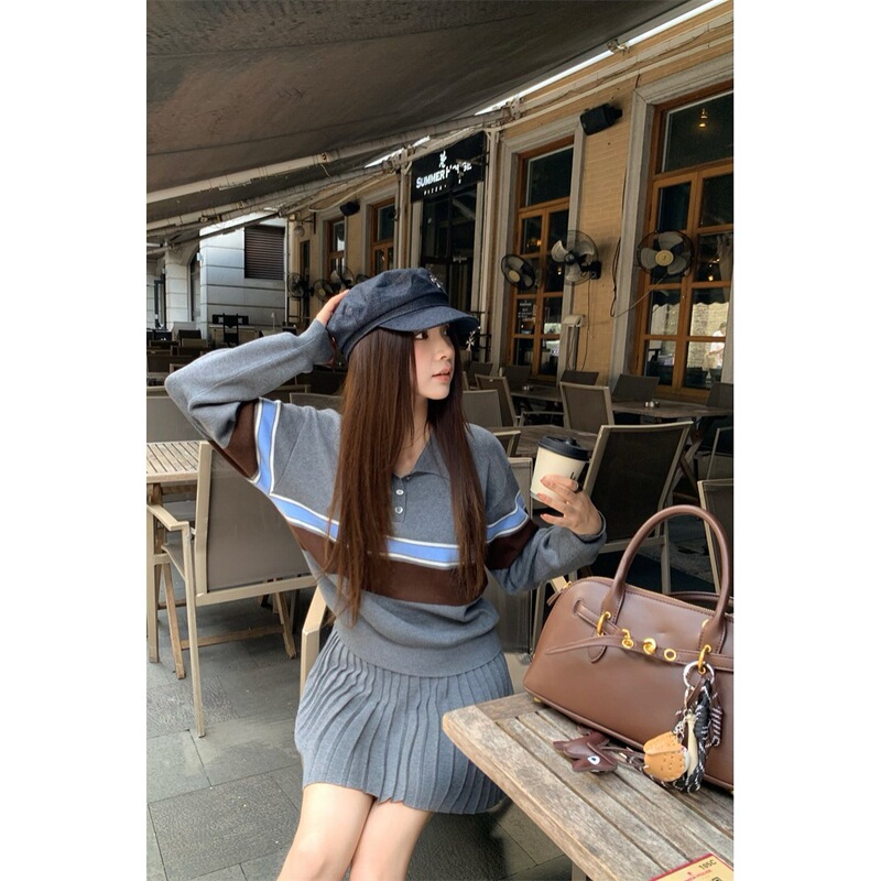 复古撞色条纹polo领毛衣针织衫女秋季休闲套装百褶裙半身裙两件套|undefined