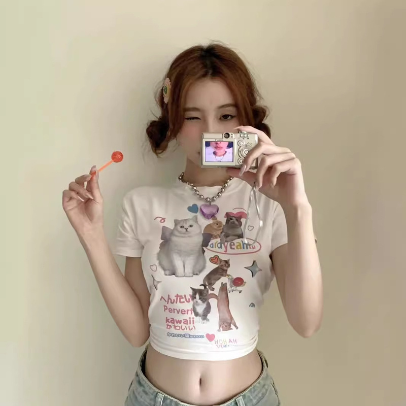猫咪印花露脐短袖女装正肩修身短款T恤夏季BM显胸上衣打底高腰型|undefined