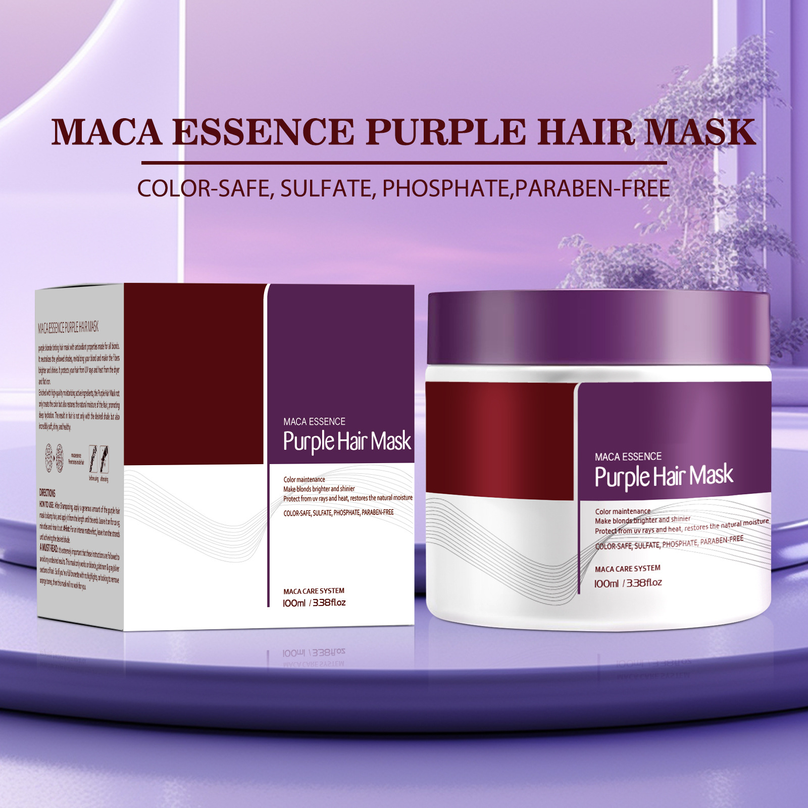 Máscara para el cabello de colágeno transfronteriza, máscara para el cabello de reparación profunda, máscara para el cabello púrpura, máscara para el cabello suave y limpia profunda