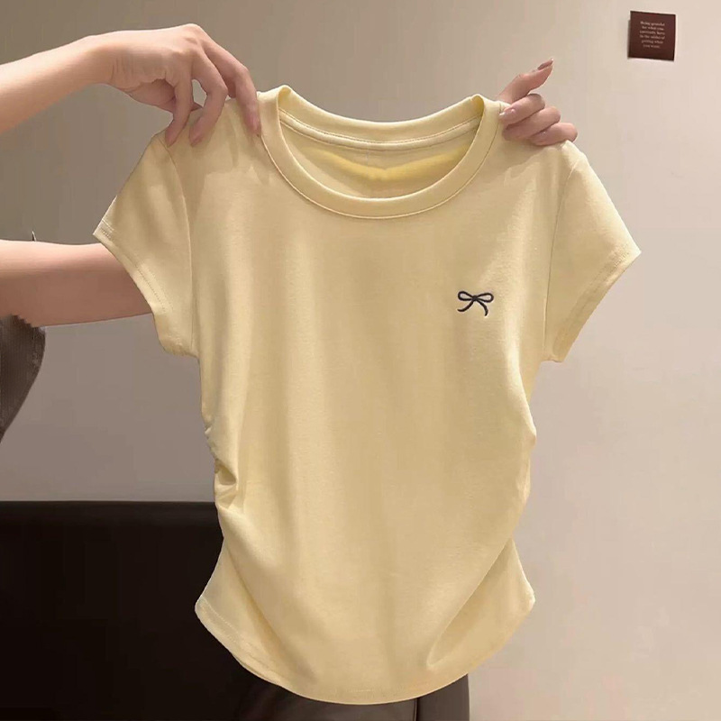 Yellow Pure Cotton Short-Sleeve T-Shirt for Women, Summer 2026 New Style, Round Neck, Waist-Cinching, Slim-Fit, Trendy Short Top for Layering
