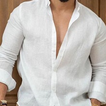 2024外贸亚马逊欧美棉麻纯色男士衬衫青年休闲