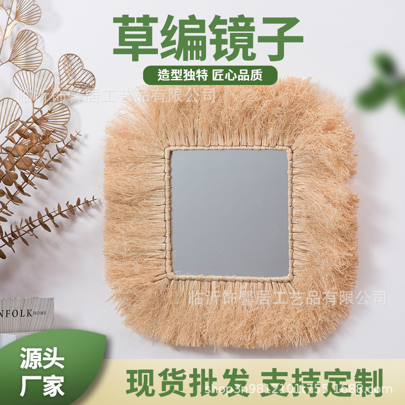 Rafia espejo tejido a mano B & B sala de estar colgante de pared espejo bar tienda de ropa para niños Fotografía Decoración Accesorios colgante