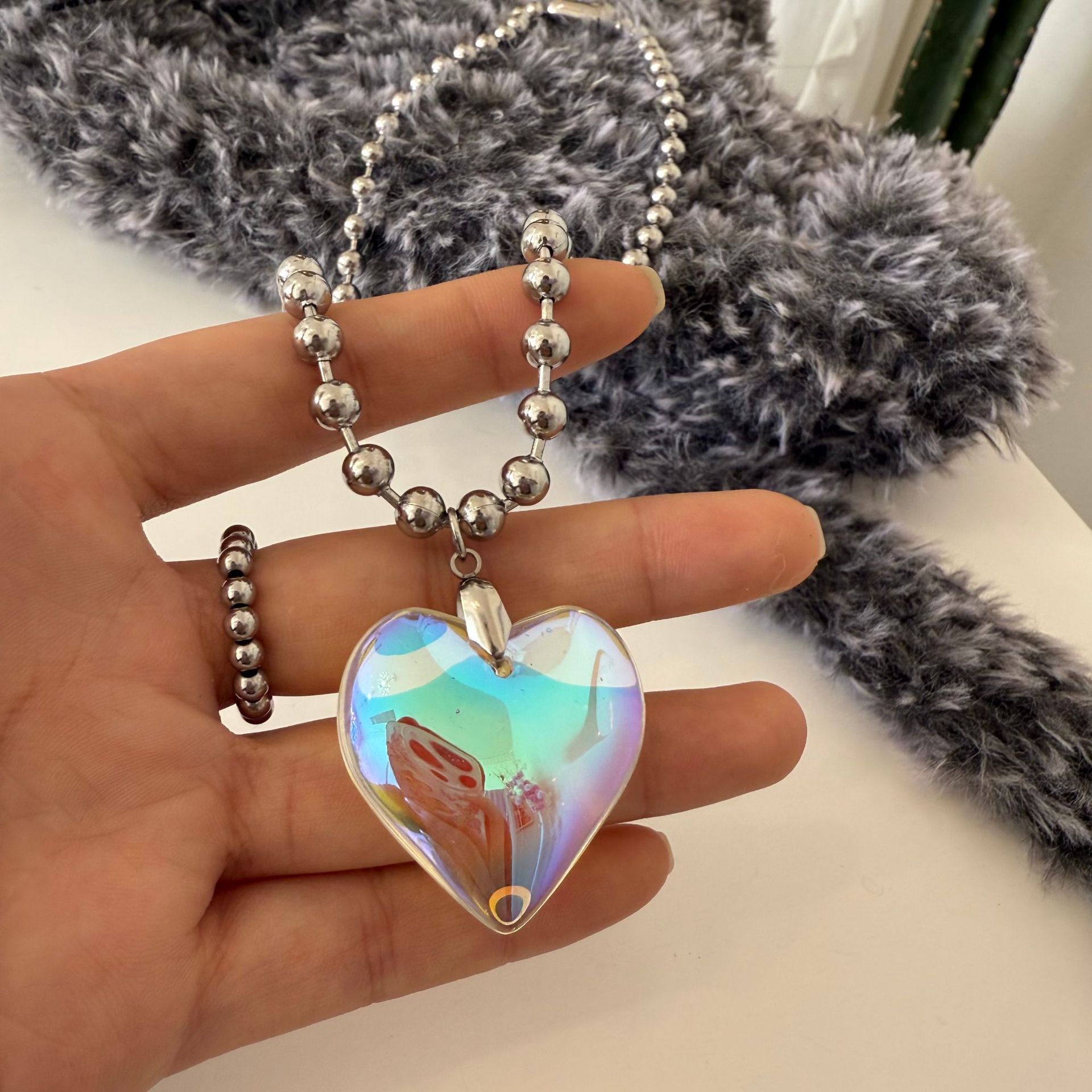 Sweet Cool Style Heart Shape Crystal Leather Rope Titanium Steel Ball Chain Cord String Pendant Necklaces Wholesale display picture 3