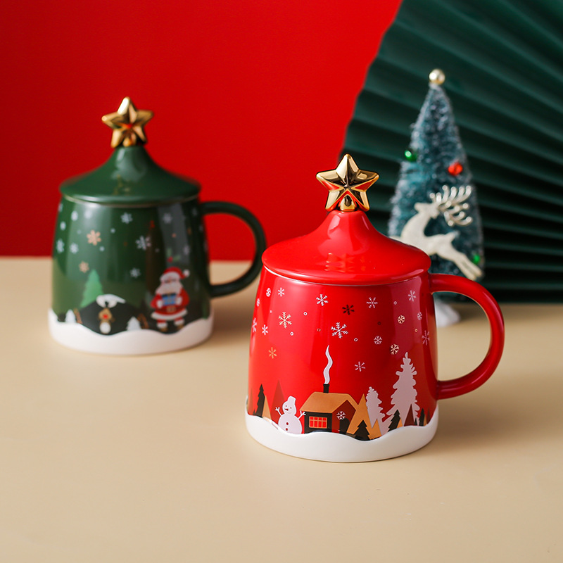 Regalo de Navidad creativa Taza de cerámica taza de dibujos animados nórdico par taza de agua taza de café con tapa cuchara