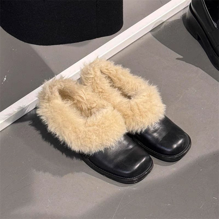 牛皮版～秋冬新款方头粗跟毛毛乐福鞋女真皮韩版百搭小皮鞋棉鞋