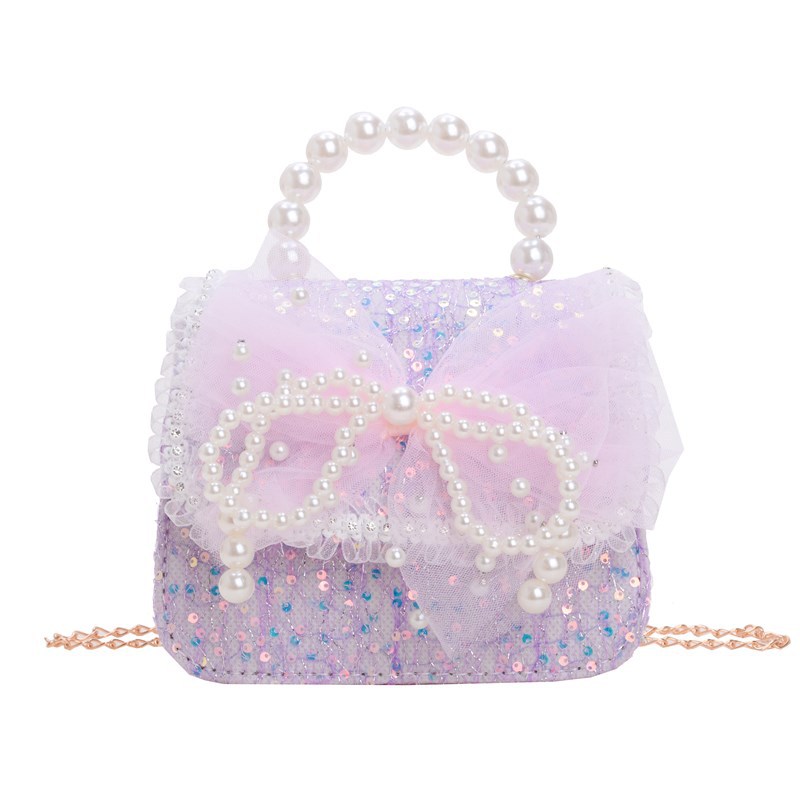 Bolso de hombro para niña con lazo dulce y lindo, estilo occidental, lentejuelas, mini bolso de perlas para bebé, bolso de cadena para niños