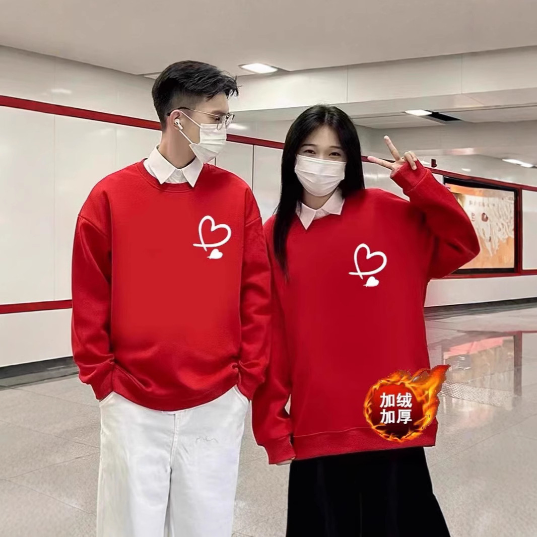 情侣装美式圆领春秋卫衣2024新款流行宽松设计感酒红加绒加厚上衣