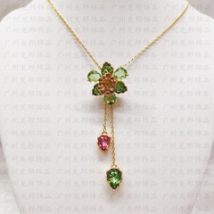 【新製品】Shijia ロマンチックでカラフルな花びらウォータードロップネックレス カラーダイヤモンド グリーンフラワー タッセルネックレス 女性用