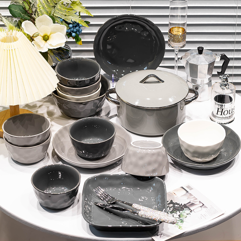 Household Dishes Dishes suit Minimalist Black and White Gray Mix and Match High-grade Light Luxury Rice Bowl Plate Ceramic Tableware Household Dishes Dishes suit Minimalist Black and White Gray Mix and Match High-grade Light Luxury Rice Bowl Plate Ceramic Tableware